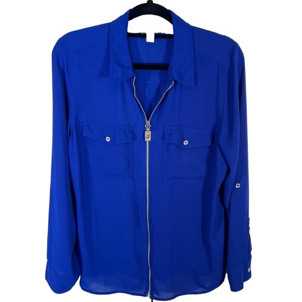 Michael Kors - Blouse Women's 12 Royal Blue Silver Zip Up Long Roll Tab Sleeve